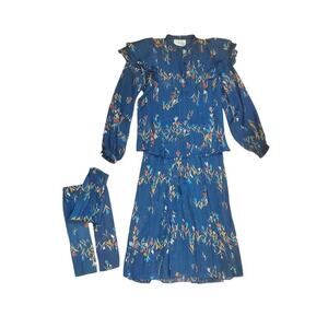 Rina California Vintage Blue Floral 70s Ruffle Mad Men Skirt Set, Women's Small